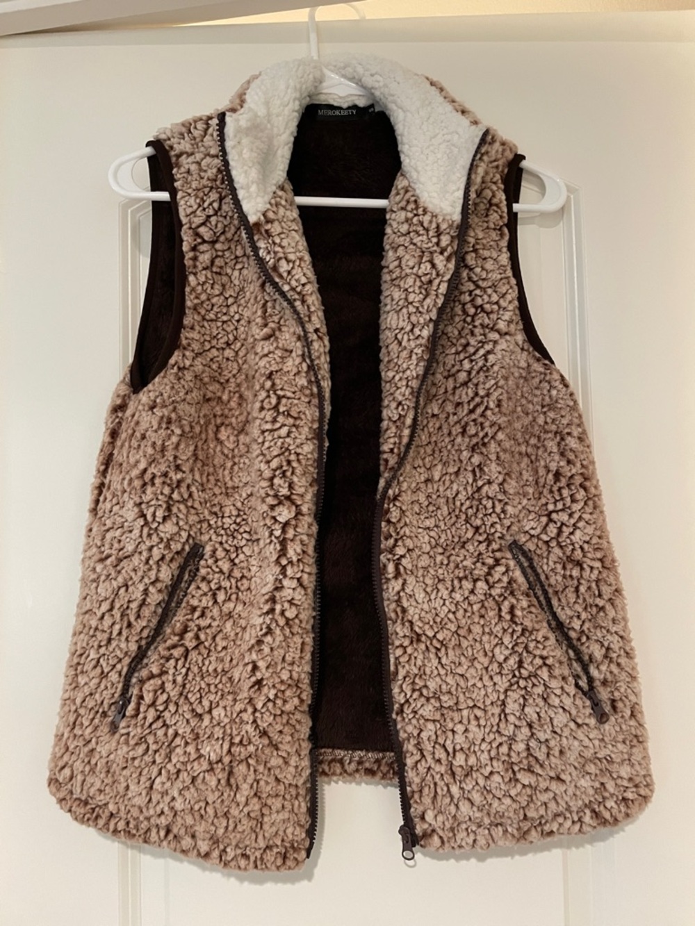 Faux Sherpa Zip Front Vest in Brown and Tan